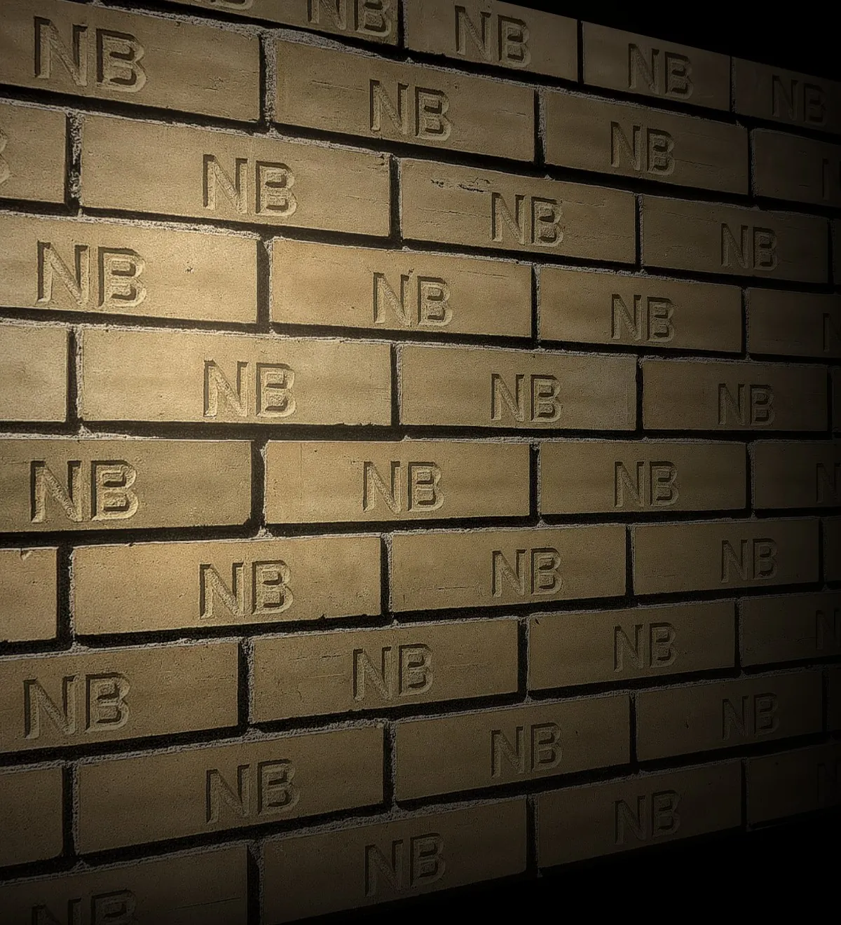 A wall of NB-stamped bricks lit from the side, where NB Infra Projects LTD began