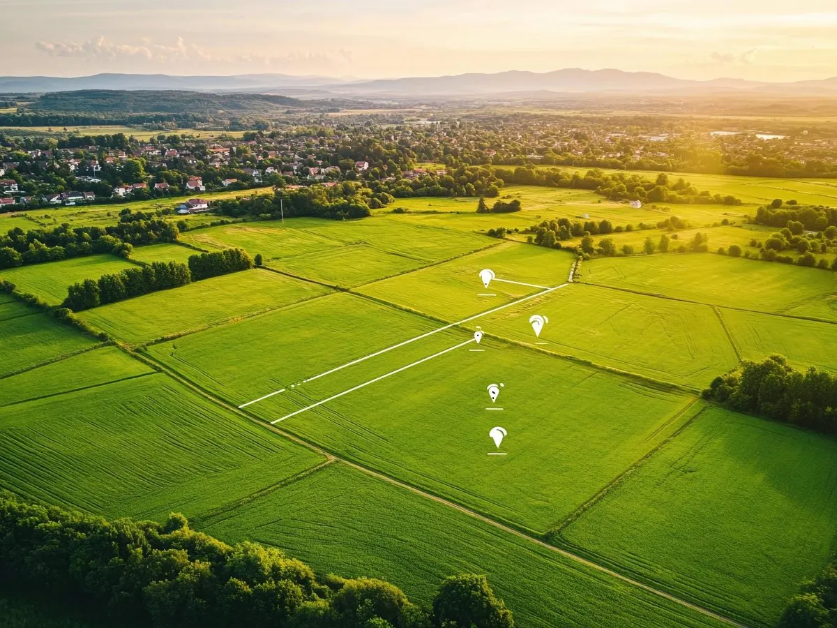 Aerial view of open farmland at sunrise with plots marked