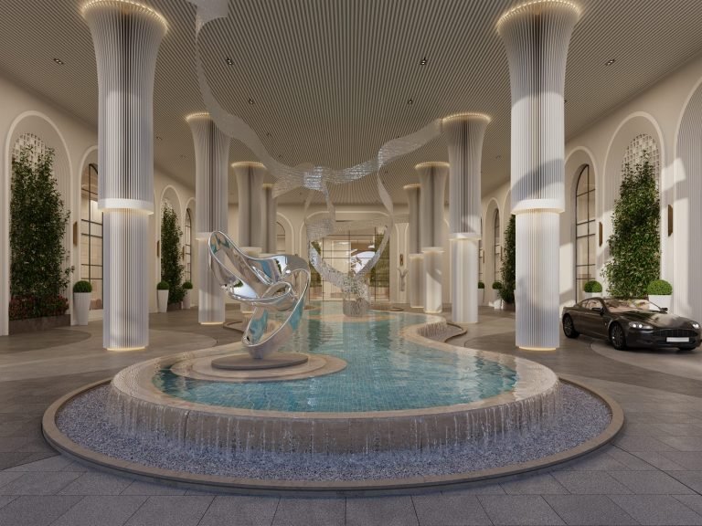 The drop-off fountain under the colonnade
