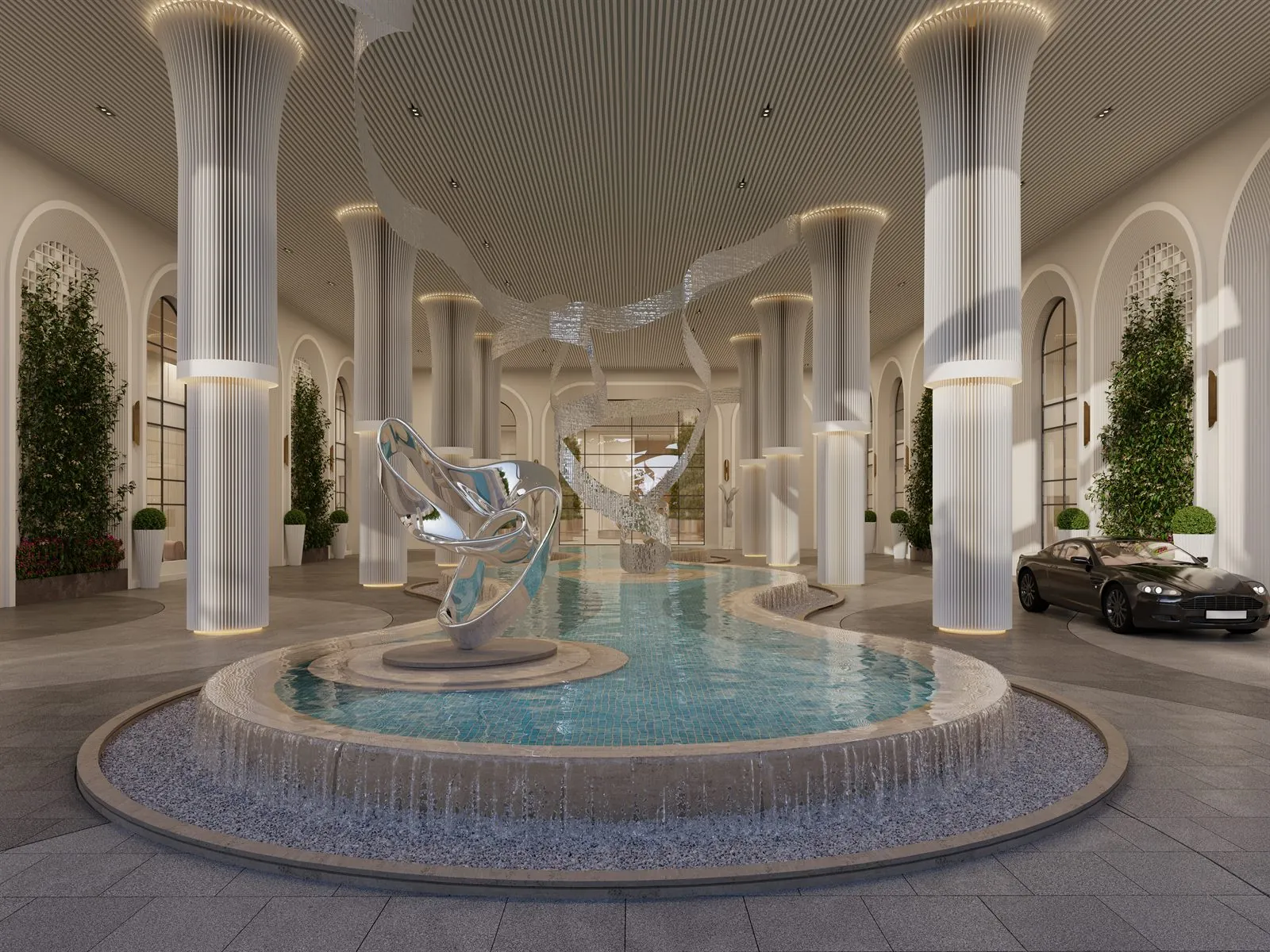 The drop-off fountain under the colonnade
