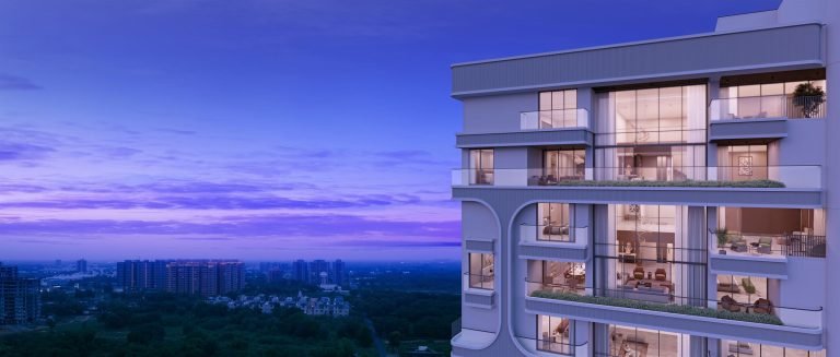 NB Legacy Tower’s facade at dusk