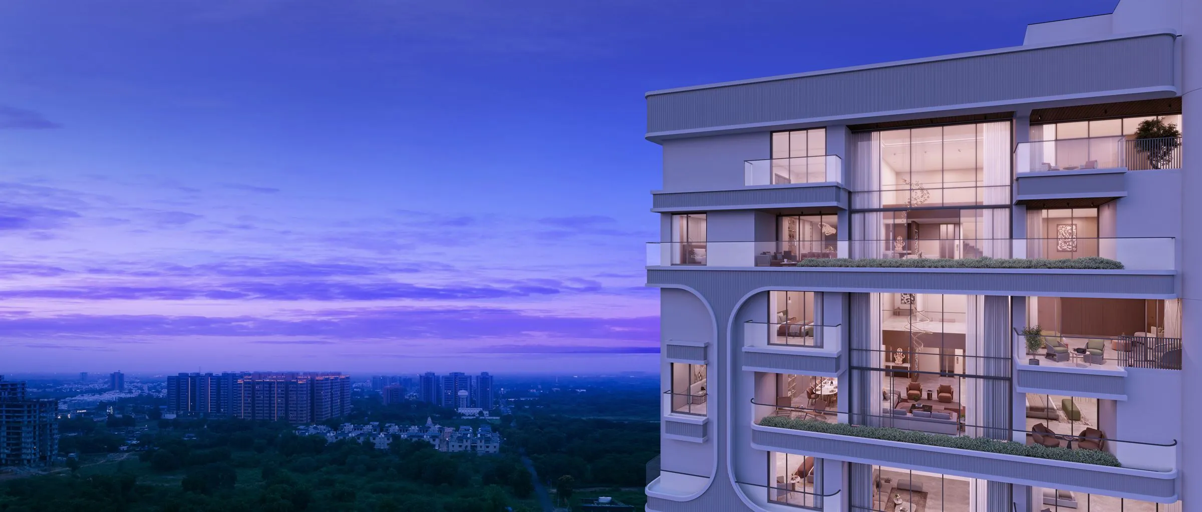 NB Legacy Tower’s facade at dusk