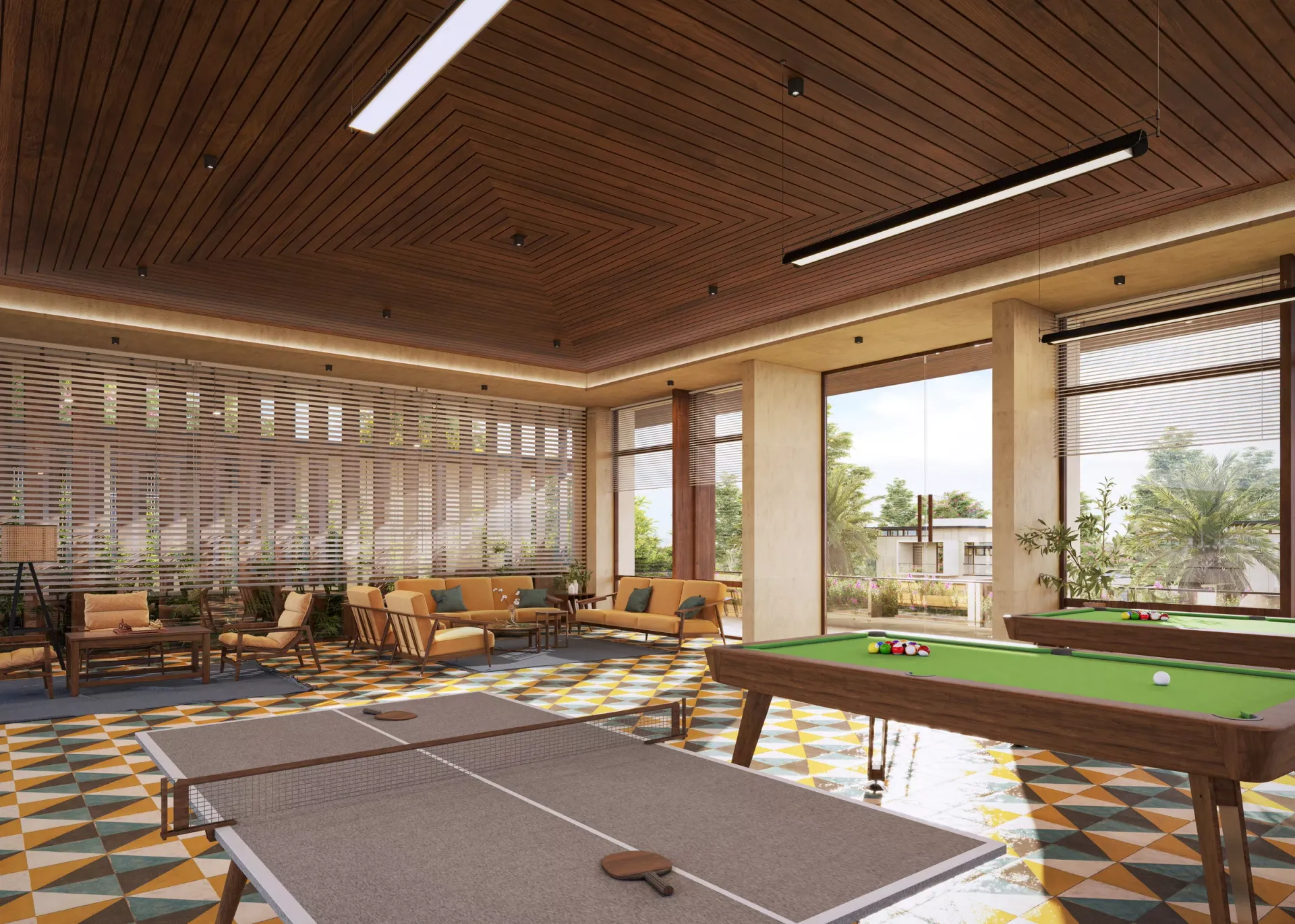 The NB Relife clubhouse game room, with pool tables and table tennis under a timber ceiling