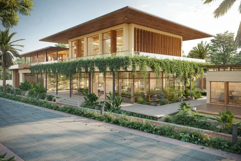 The clubhouse with its planted terraces