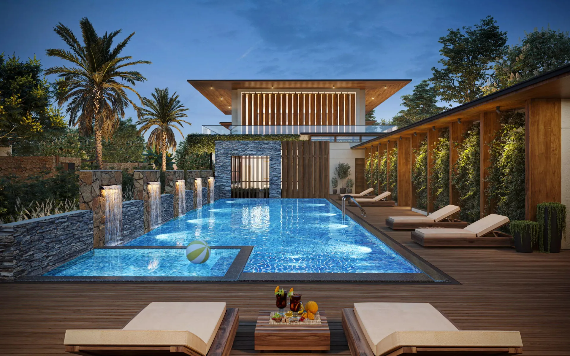 The clubhouse pool lit at night