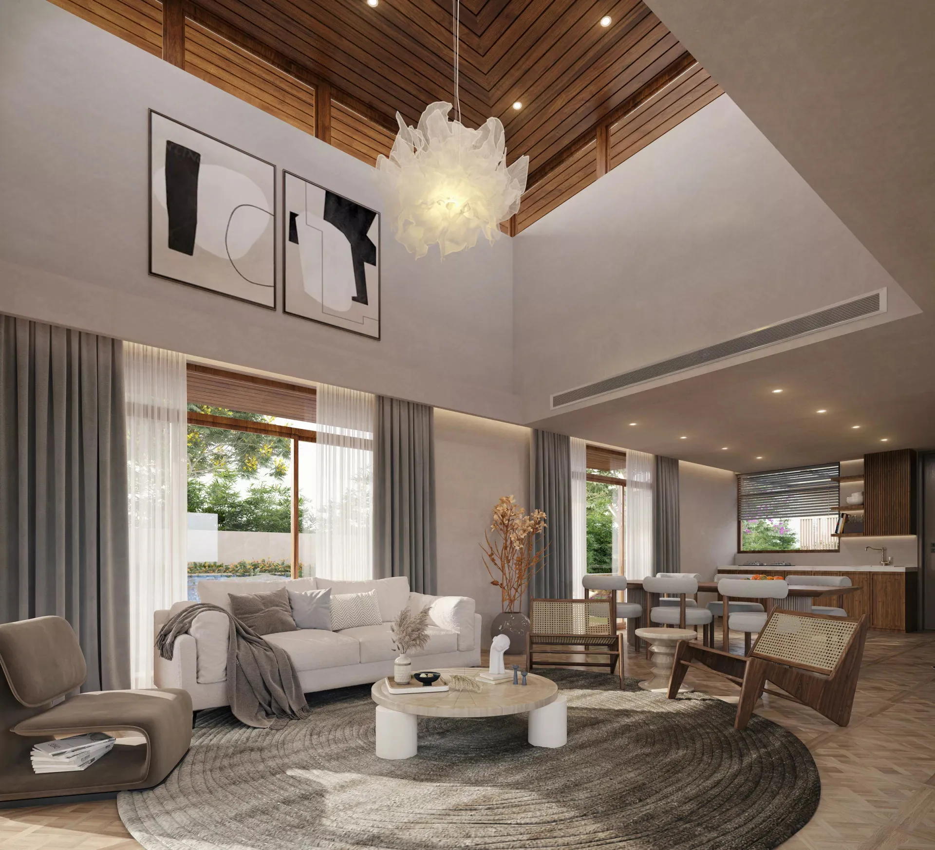 A villa’s double-height living and dining room