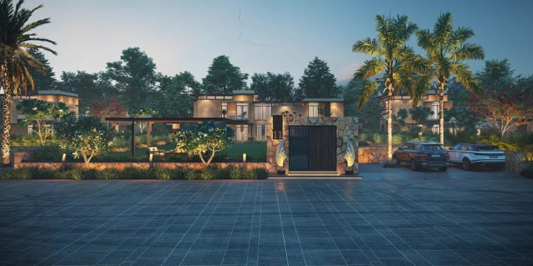 The villas lit at night
