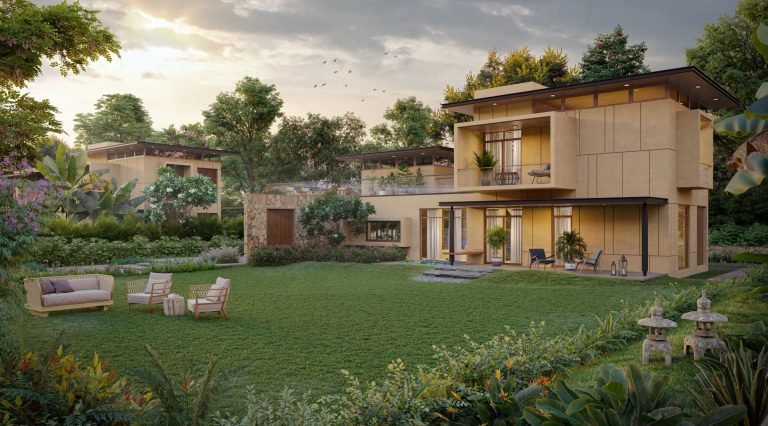A Relife villa from the corner of its lawn