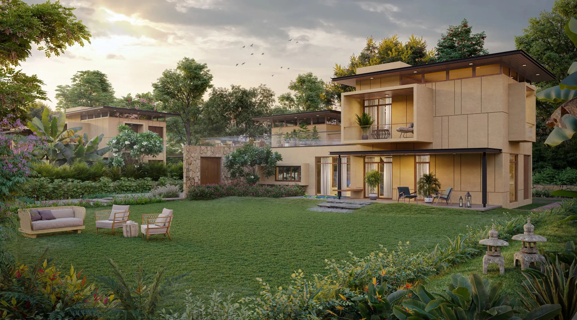 A Relife villa from the corner of its lawn