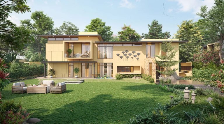 The front of a Relife villa and its lawn