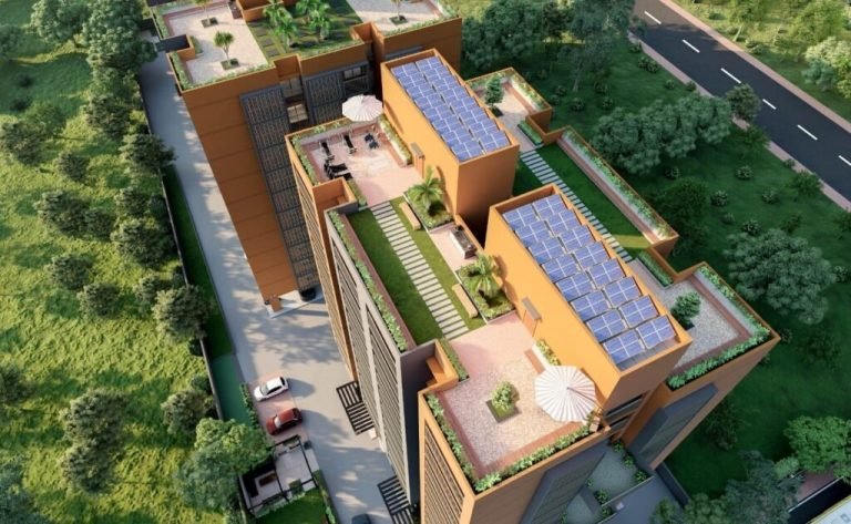 A terrace garden and solar panels on the roof