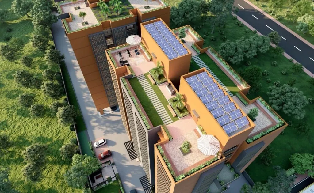 A terrace garden and solar panels on the roof