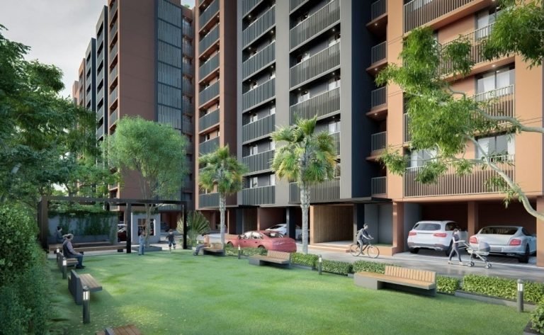 The landscaped garden between the towers