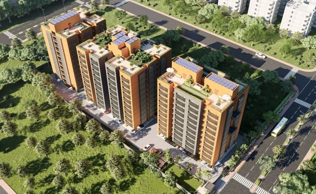 Pearl Heights from above, with its terrace gardens and solar roofs