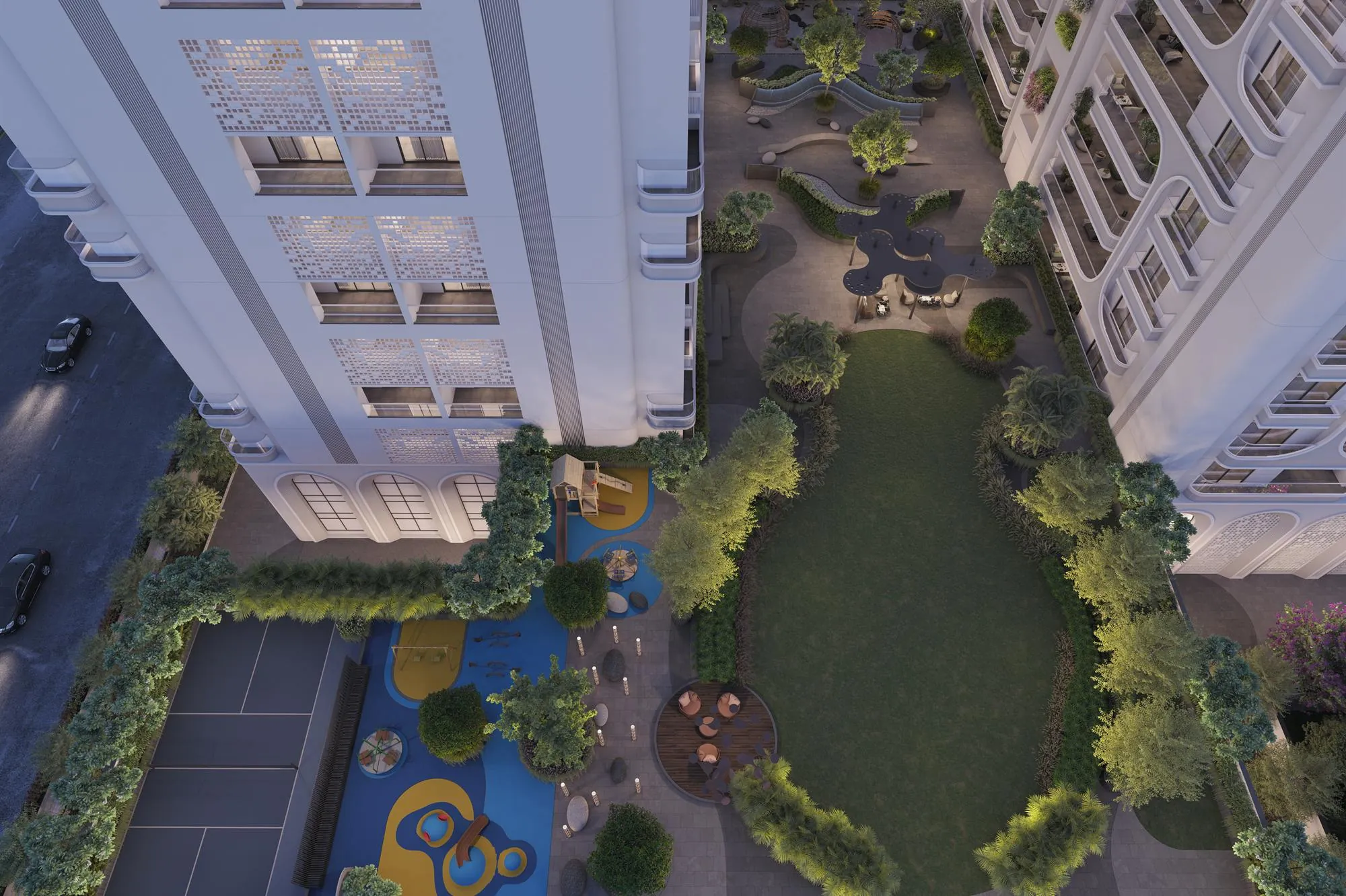 Residential towers by NB Infra Projects LTD at dusk